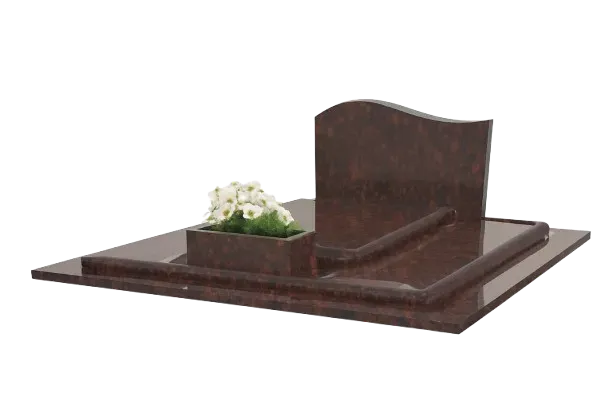 Monument funéraire double en granite brun avec stèle et jardinière intégrée.