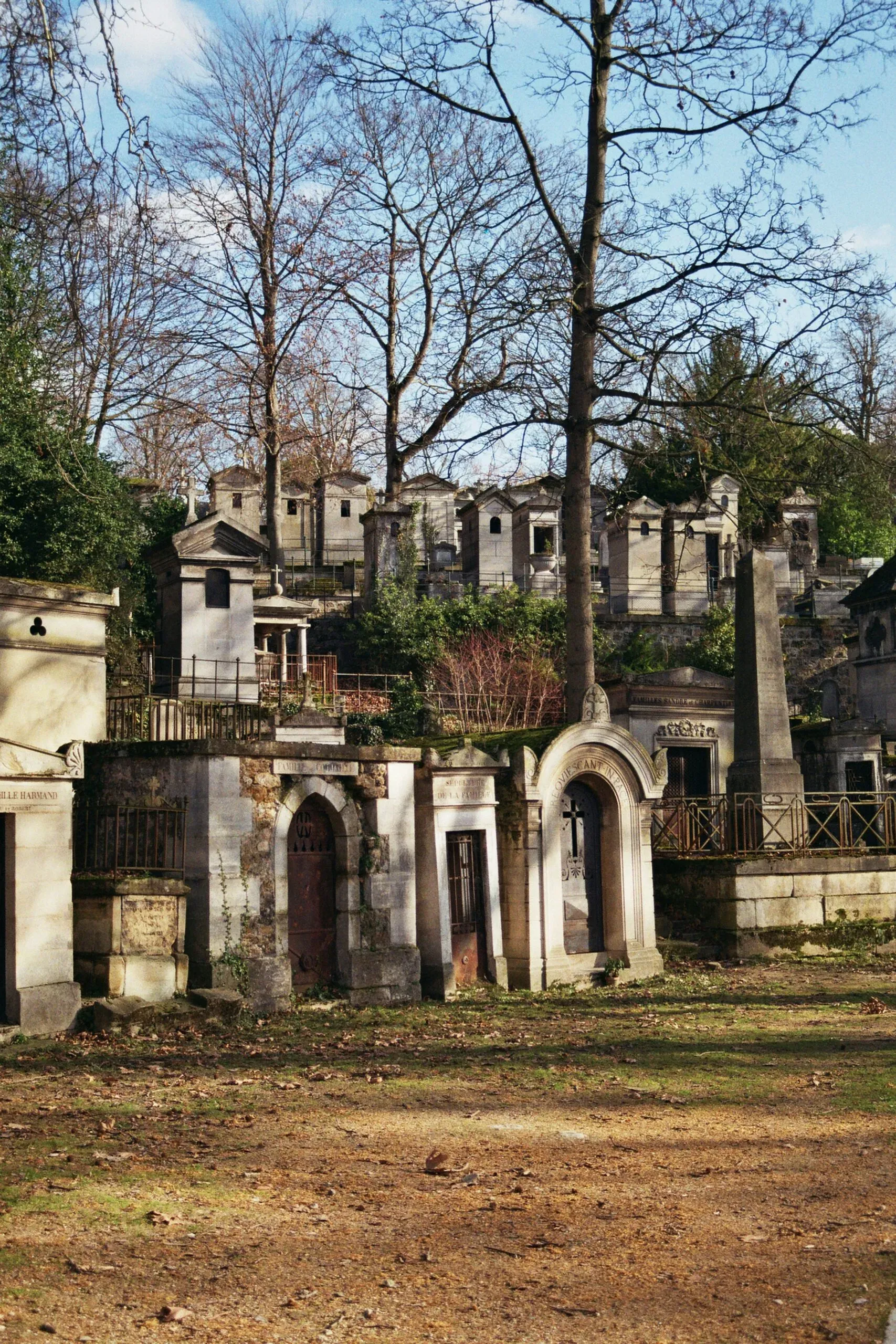 Alignement de mausolées et chapelles funéraires anciennes dans un cimetière ombragé.