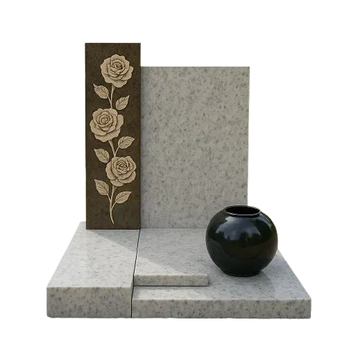 Monument funéraire moderne en granit clair avec stèle aux motifs de roses et vase
